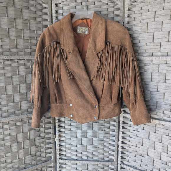 Taxi Jackets & Blazers - Vtg 80s Taxi Jacket Brown Camel Suede Fringe Western Cropped Womens S Boxy Fit